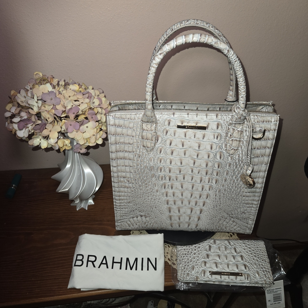 Brahmin Bag, Purse, Satchel with Wallet in Fairest Gray
